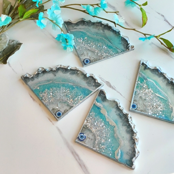 Handmade Evil Eye Agate Blue and Silver Resin Coasters - Picture 4 of 4